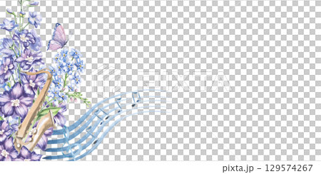 Rectangular frame with saxophone in flowers and musical staff. Isolated watercolor illustration of musical instrument in realistic style for design of invitations, labels, postcards and posters. 129574267