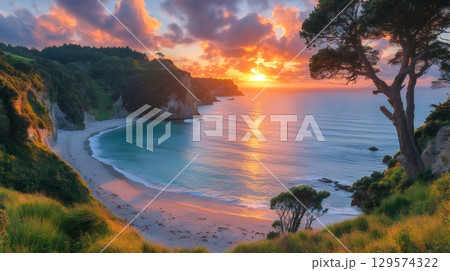 Breathtaking sunset illuminating the scenic Cathedral Cove beach in New Zealand Breathtaking sunset illuminating the scenic Cathedral Cove beach in New Zealand 129574322