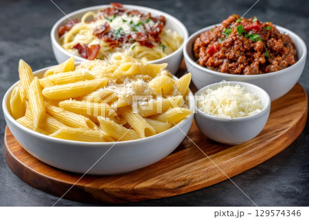 Bowls of pasta with bolognese sauce, carbonara and grated parmesan cheese resting on wooden cutting board Bowls of pasta with bolognese sauce, carbonara and grated parmesan cheese resting on wooden cutting board 129574346