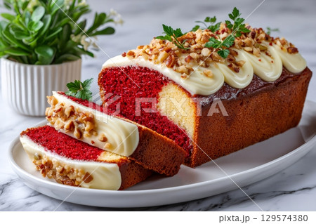 Delicious homemade red velvet pound cake with cream cheese frosting and walnuts 129574380