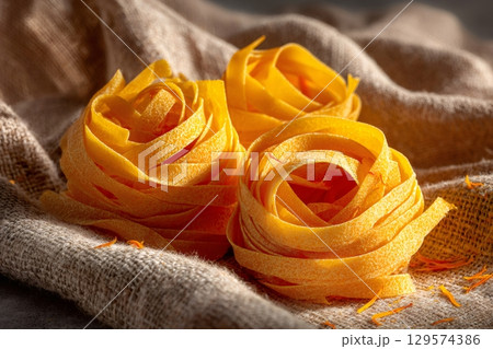 Tagliatelle pasta nests resting on burlap cloth with saffron threads 129574386