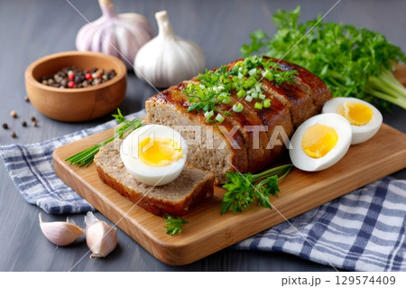 Sliced meatloaf with boiled eggs and herbs on wooden cutting board 129574409