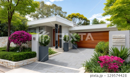 Beautiful modern house with flowering plants and wooden garage door 129574428