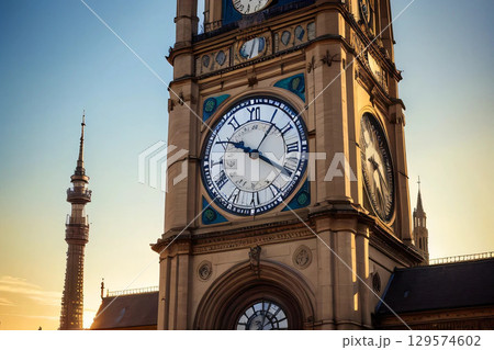 夕陽に照らされた時計台 129574602