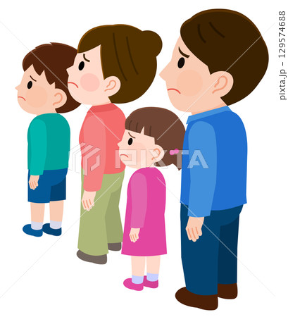 嫌な顔で何かを見る人々の横向きの全身　イラスト 129574688