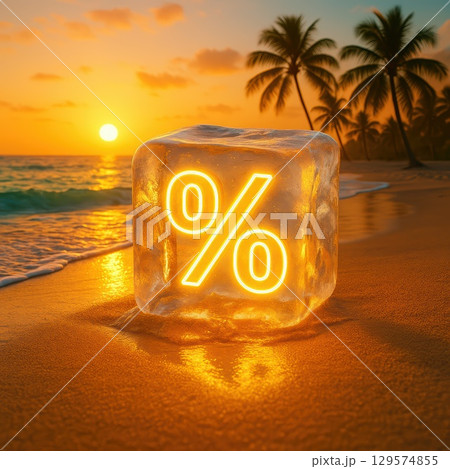 Tropical beach scene with glowing golden percent symbol locked in ice, burning sun above and palms nearby, promoting hot sales under sunshine 129574855