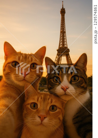 Warm-colored sky glows behind trio of cats taking well-timed group selfie with scenic landmark backdrop and golden fur lit in soft focus 129574861