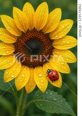 Softly lit sunflower photo showing glowing yellow petals and a striking red ladybug nestled quietly among them, with round water droplets glimmering in light 129574862