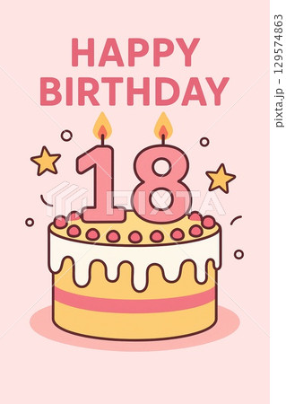 Eighteen birthday cake with orange white layers and playful candlelight shining on sweet icing decoration festive treat for child celebration 129574863