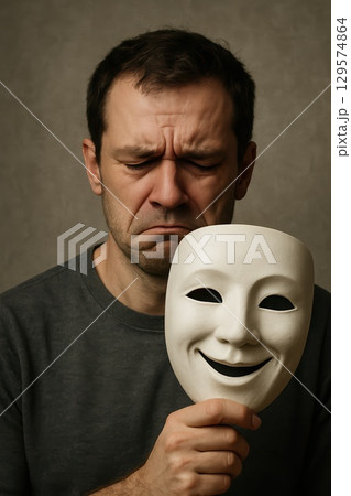 A man???s masked face illustrates emotional suppression and internal struggle between reality and appearance in dark symbolic image 129574864