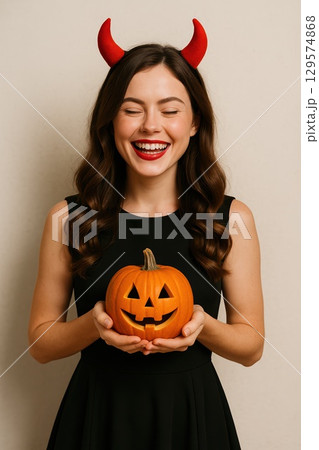 Halloween celebration with smiling girl holding pumpkin and wearing devil horns costume 129574868