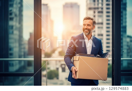 Man smiling and walking with box of personal office items in hand after job change or promotion in professional business relocation scenario Man smiling and walking with box of personal office items in hand after job change or promotion in professional business relocation scenario 129574883