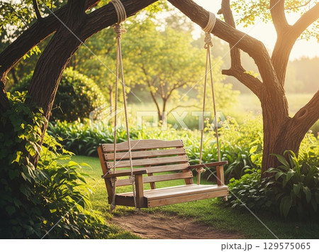Serene wooden swing gently swaying beneath leafy branches in warm, quiet forest light at sunset 129575065