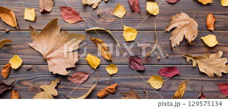 Autumn composition. Pattern made of dried leaves and other design accessories on table. Flat lay, top view 129575134
