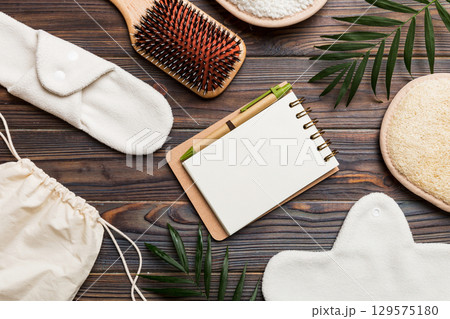 Zero waste concept. Eco-friendly home daily accessories. top view 129575180
