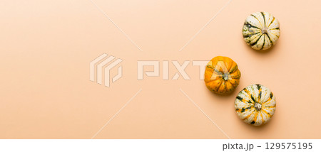 Autumn composition of little orange pumpkins on colored table background. Fall, Halloween and Thanksgiving concept. Autumn flat lay photography. Top view vith copy space 129575195