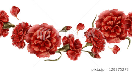 Red carnation flower in seamless border as a symbol who died in the world war,respect,congratulations to veterans on the day of remembrance and mourning.Isolated Watercolor clipart in vintage style 129575275