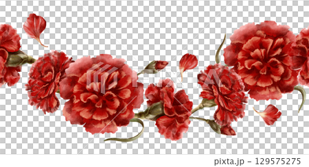 Red carnation flower in seamless border as a symbol who died in the world war,respect,congratulations to veterans on the day of remembrance and mourning.Isolated Watercolor clipart in vintage style 129575275