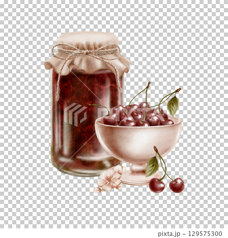 Ceramic bowl peach with ripe juicy cherries and flowers,cherry jam jar with vintage fabric lid with twine bow in watercolor painting dessert.Subtle texture for packaging, table decor 129575300
