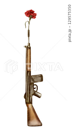 A vintage red carnation flower inside a rifle barrel,symbolizing the peaceful revolution and overthrow of dictatorship in Portugal (1974).Hand drawn watercolor illustration isolated on white 129575350