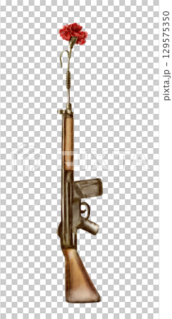 A vintage red carnation flower inside a rifle barrel,symbolizing the peaceful revolution and overthrow of dictatorship in Portugal (1974).Hand drawn watercolor illustration isolated on white 129575350