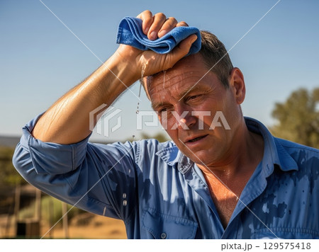 Fatigued man wipes forehead while sweating profusely in extreme sunlight heat 129575418