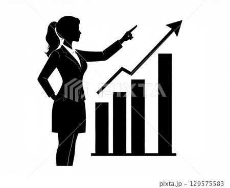 ビジネスマンが上昇グラフを指すシンプルシルエットアイコン 129575583