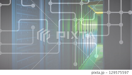 Digital composite of dots interconnecting with lines over server room 129575597