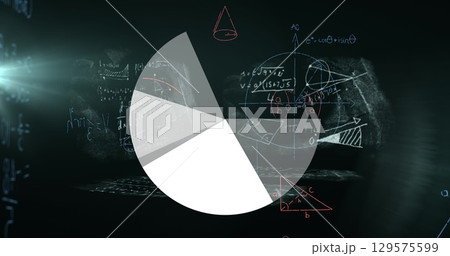 Image of digital screen with scientific data, graphs and math formulas on black background 129575599