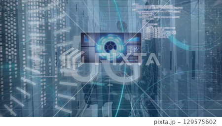 Image of digital screen with data over servers Image of digital screen with data over servers 129575602