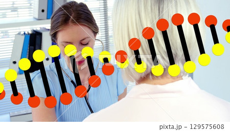 Dna structure over caucasian female doctor using tablet against dna structure with dna structure 129575608