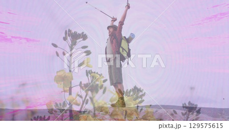 Image of pink shapes over caucasian male hiker 129575615