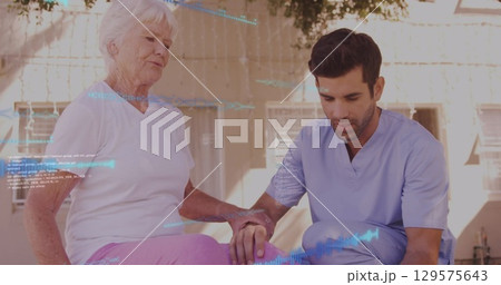 Image of data over caucasian senior woman and male physiotherapist 129575643