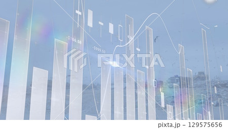 Image of graph and data over timelapse with trucks on waste dump 129575656