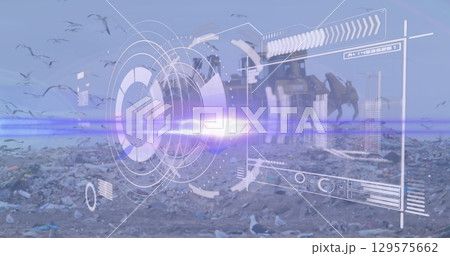 Image of scanning interface screen over birds flying around bulldozer and garbage at landfill Image of scanning interface screen over birds flying around bulldozer and garbage at landfill 129575662
