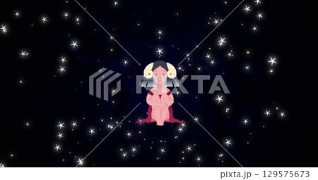 Image of maiden sitting over glowing stars in sky and representing virgo zodiac sign 129575673