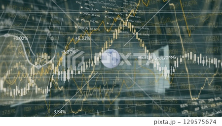 Image of financial graphs and globe over building 129575674