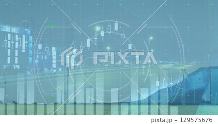 Image of graphs with hud processing against wind turbines with cityscape 129575676