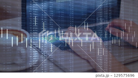 Image of financial data over caucasian woman using laptop 129575696