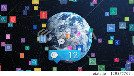 Image of colourful social media icons and notifications floating over globe in night sky 129575765