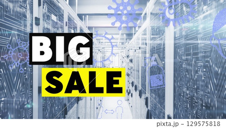 Image of big sale text over covid 19 icons and computer servers 129575818