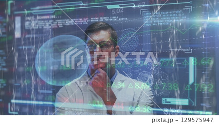 Image of data processing with virus cells over caucasian male doctor 129575947