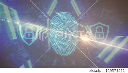 Displaying central fingerprint graphic on virtual interface, with shield icons and data fragments 129575952