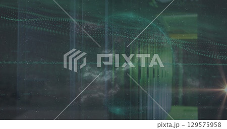 Showing digital globe sending teal data and waveforms in server room with blurred rack lens flare Showing digital globe sending teal data and waveforms in server room with blurred rack lens flare 129575958