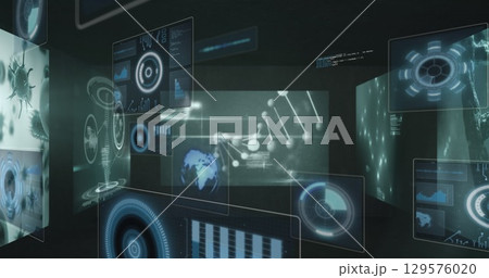 Image of data processing and media icons over cityscape Image of data processing and media icons over cityscape 129576020