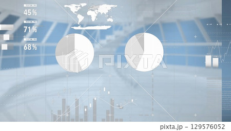 Image of statistics and data processing over empty office 129576052