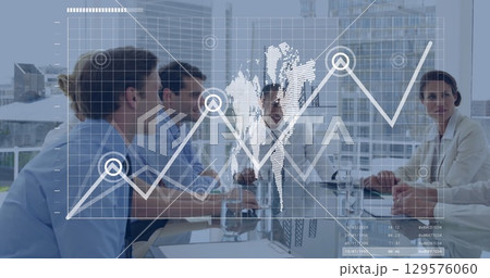 Image of data processing and world map over caucasian business people in office Image of data processing and world map over caucasian business people in office 129576060