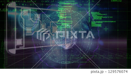 Wireframe sphere rotating in virtual space, with grid plane, floating code text and HUD overlays Wireframe sphere rotating in virtual space, with grid plane, floating code text and HUD overlays 129576074