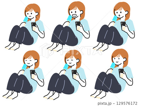 座ってスマホを操作してる女性のイラストセット 129576172