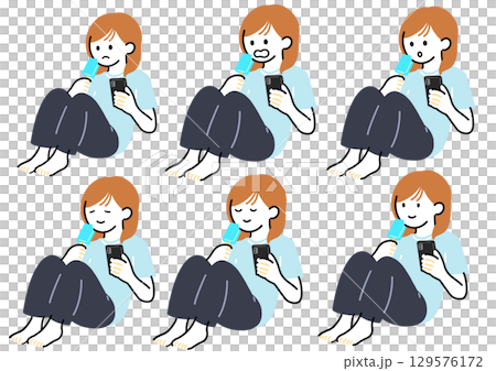 座ってスマホを操作してる女性のイラストセット 129576172